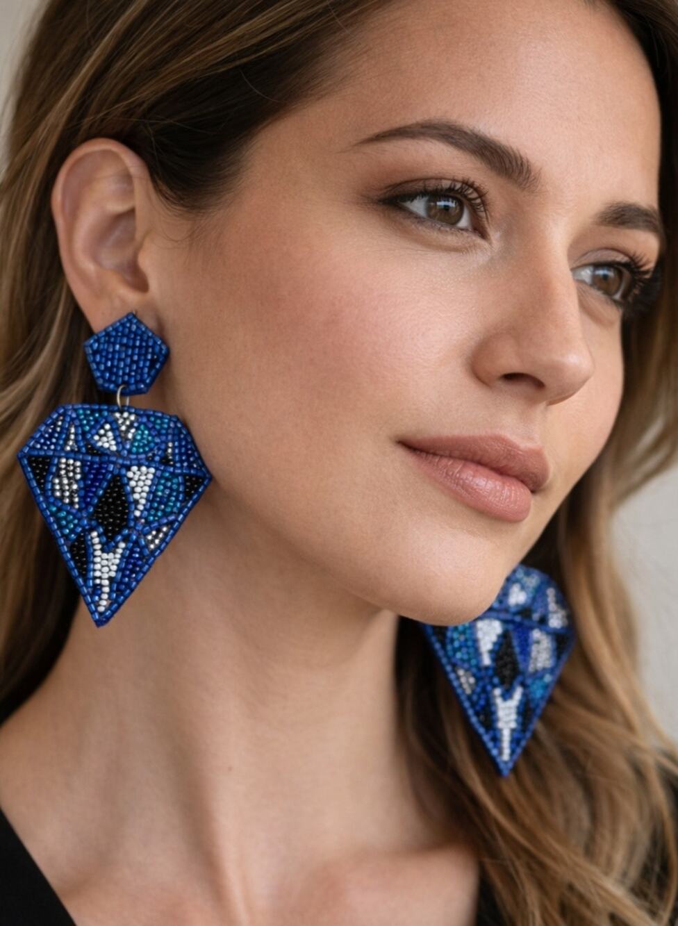 Kay Lee Blue Beaded Diamond Shaped Earrings New.